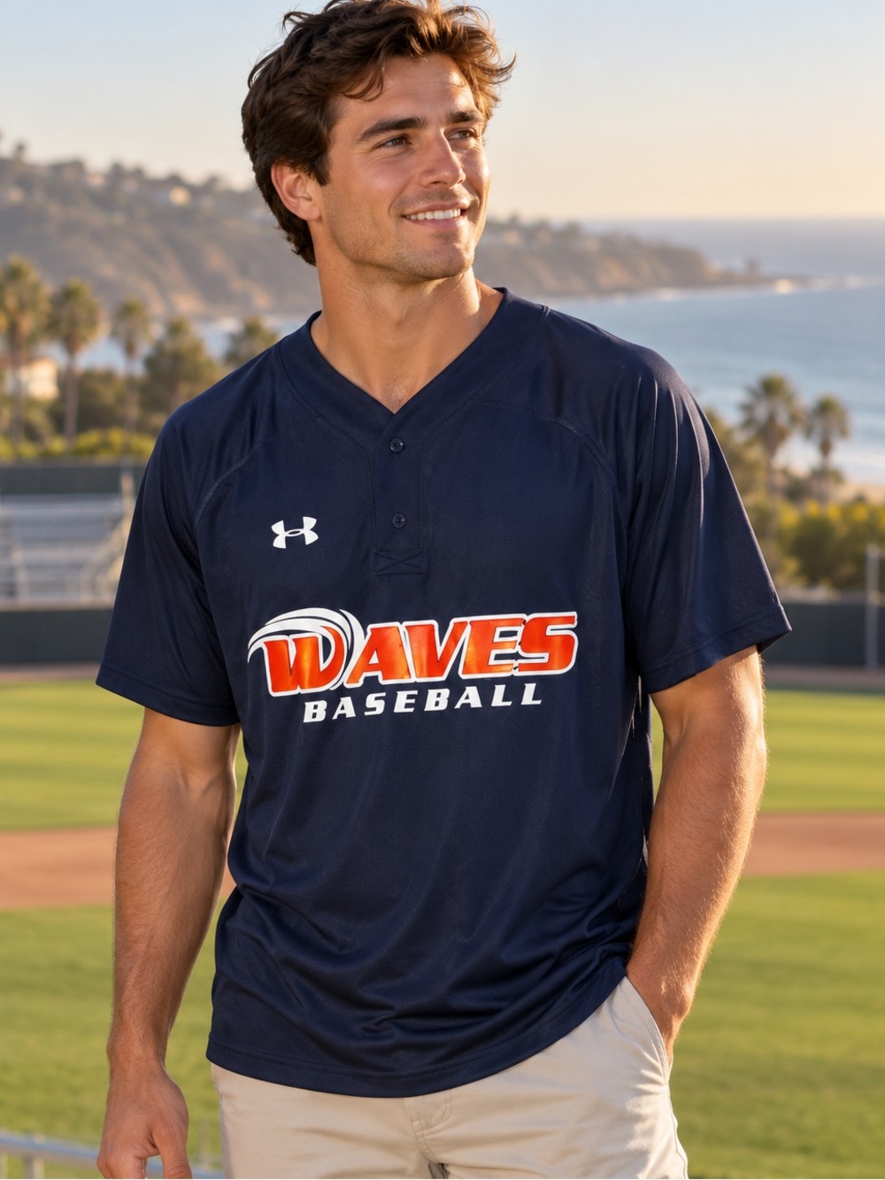 Under Armour Pepperdine Waves Baseball Jersey Men’s Medium Navy HeatGear #12 EUC